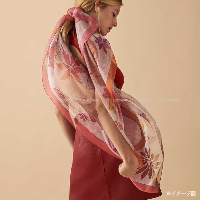 HERMES scarf Carre 140 LES LEOPARDS Orange/Rose/Violin Cashmere70% / Silk30%[EXCELLENT][Authentic]