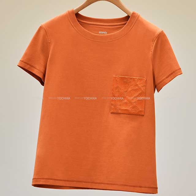 2022 AW HERMES Short sleeve t shirt Embroidery Pocket Culiquetis #36 Orange meranti Cotton100%[EXCELLENT][Authentic]