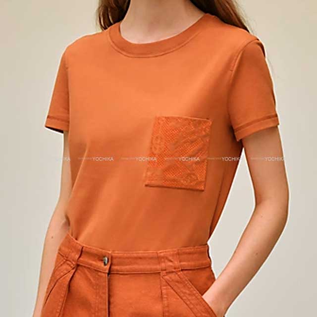 2022 AW HERMES Short sleeve t shirt Embroidery Pocket Culiquetis #36 Orange meranti Cotton100%[EXCELLENT][Authentic]