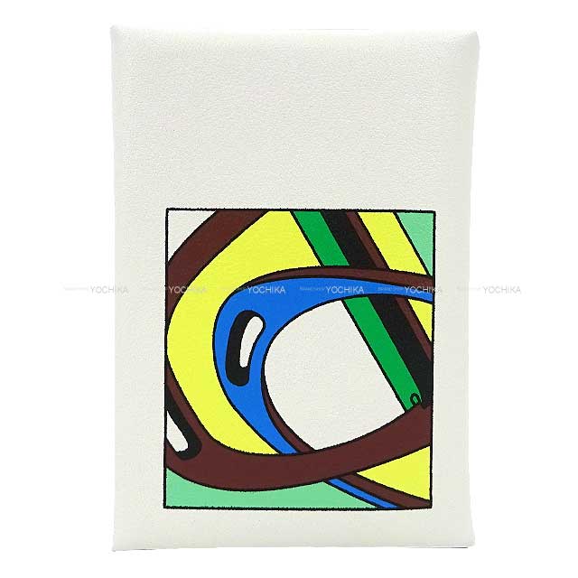 HERMES card holder Calvi Duo Selle en Desordres Blanc (White)/Multicolor Veau Swift Silver HW Stamp B[BRAND NEW][Authentic]