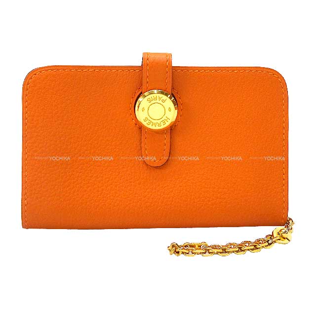 [Pre-loved] HERMES card holder Dogon Card holder with Chain Orange Veau Togo Gold HW Stamp □C[LIKE NEW][Authentic]