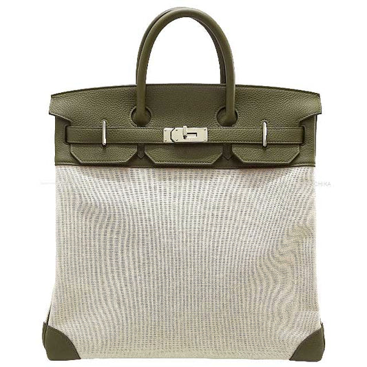 HERMES Handbag Haut a Courroies 40 Vert Veronese Ecru Toile H/Veau Togo Silver HW Stamp Z[EXCELLENT][Authentic]