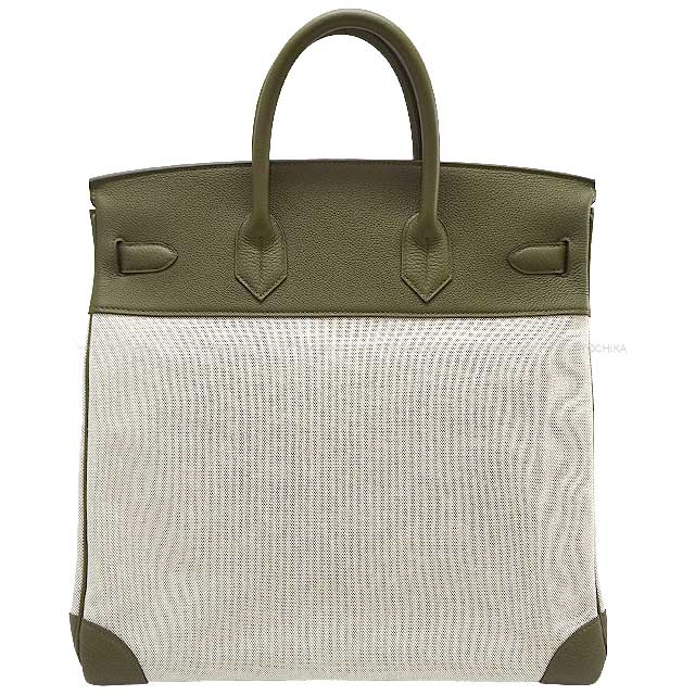 HERMES Handbag Haut a Courroies 40 Vert Veronese Ecru Toile GM/Veau Jonathan Silver HW Stamp Z[EXCELLENT][Authentic]