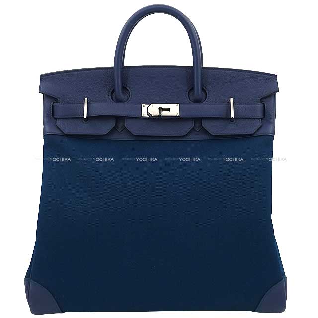 HERMES Handbag Haut a Courroies 40 Bleu Nuit Veau Togo/Toile Militaire Silver HW Stamp B[EXCELLENT][Authentic]