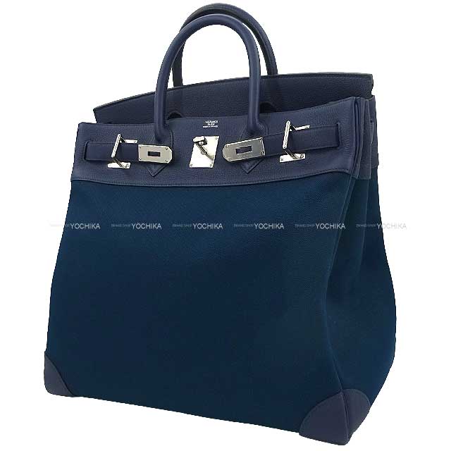 HERMES Handbag Haut a Courroies 40 Bleu Nuit Veau Togo/Toile Militaire Silver HW Stamp B[EXCELLENT][Authentic]