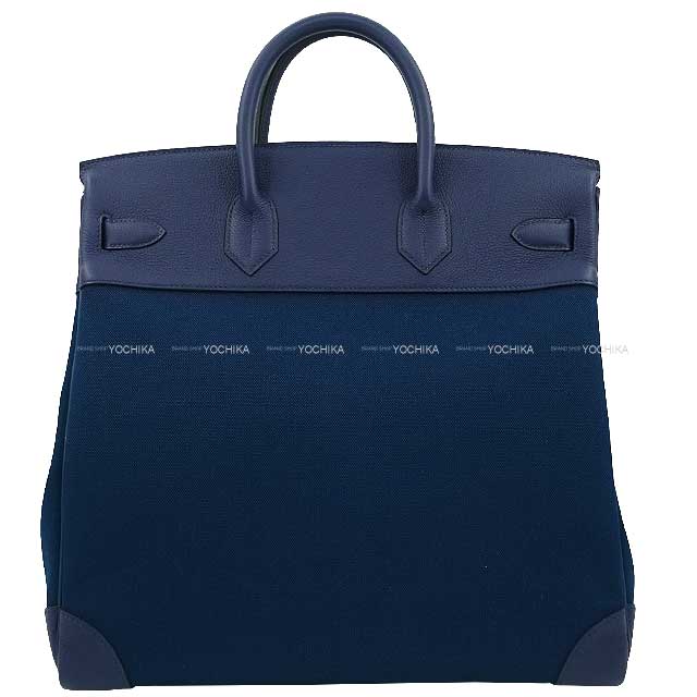 HERMES Handbag Haut a Courroies 40 Bleu Nuit Veau Togo/Toile Militaire Silver HW Stamp B[EXCELLENT][Authentic]