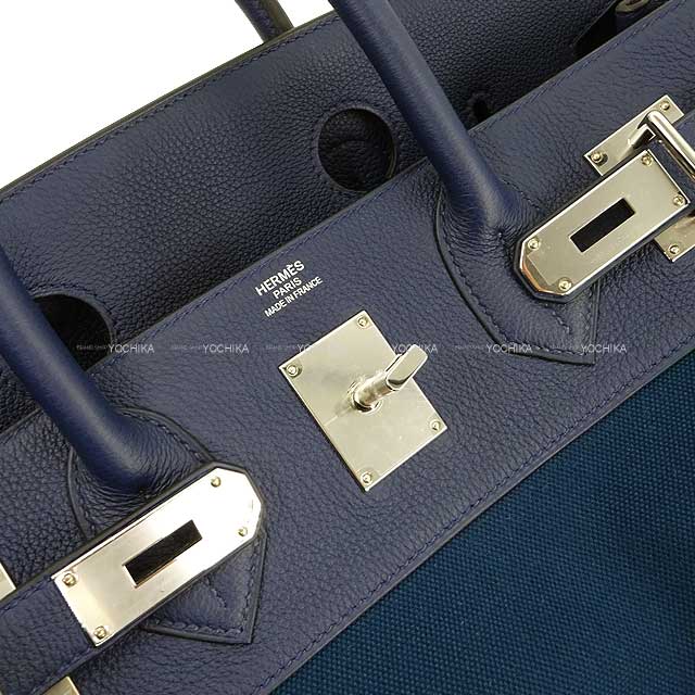 HERMES Handbag Haut a Courroies 40 Bleu Nuit Veau Togo/Toile Militaire Silver HW Stamp B[EXCELLENT][Authentic]