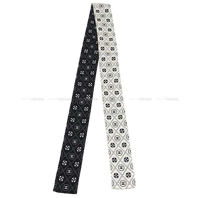 2021 CHANEL scarf Hair Band Camellia Coco Mark  Blanc (White)/Noir (Black) Silk100% AA7447[EXCELLENT][Authentic]