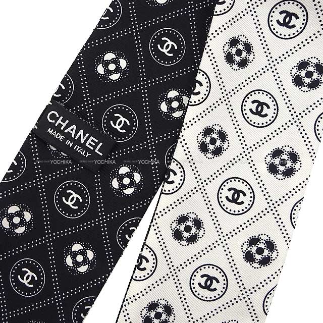 2021 CHANEL scarf Hair Band Camellia Coco Mark  Blanc (White)/Noir (Black) Silk100% AA7447[EXCELLENT][Authentic]