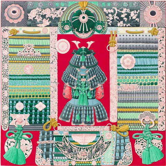 HERMES scarf Carre 90 Parures de Samourais Framboise /Veil/Rose Cotton100%[EXCELLENT][Authentic]