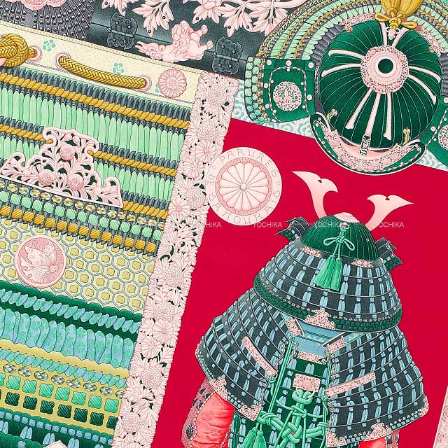 HERMES scarf Carre 90 Parures de Samourais Framboise /Veil/Rose Cotton100%[EXCELLENT][Authentic]