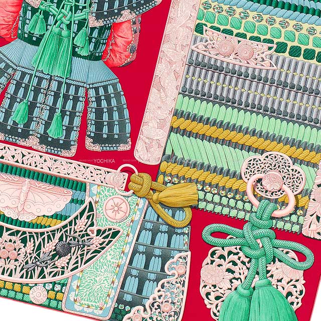 HERMES scarf Carre 90 Parures de Samourais Framboise /Veil/Rose Cotton100%[EXCELLENT][Authentic]