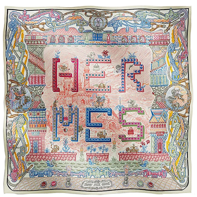 2023AW HERMES scarf Carre 90 Super Silk Quest Creme/Pink/Blue Silk100%[BRAND NEW][Authentic]