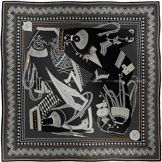 2023AW HERMES scarf Carre 140 Zouaves et Dragons Noir (Black)/Blanc (White)/Gold Cashmere65% / Silk35%[BRAND NEW][Authentic]