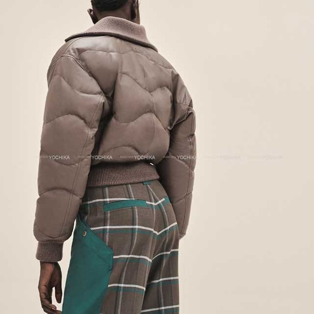 2023AW HERMES Down jacket Ribbed sleeves short leather Down jacket #34 Gris/Etoupe Cow Leather/Cashmere/Nyron/Polyurethane/Down/Feather/Polyester 34 Silver HW[BRAND NEW][Authentic]