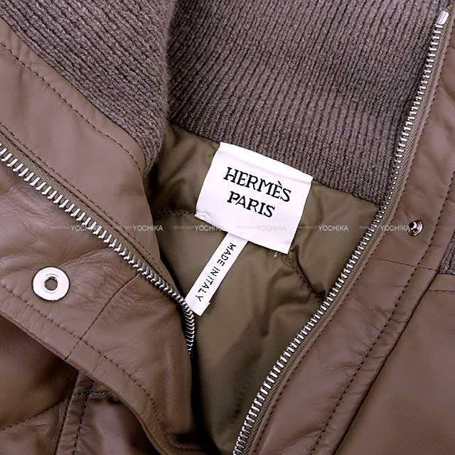 2023AW HERMES Down jacket Ribbed sleeves short leather Down jacket #34 Gris/Etoupe Cow Leather/Cashmere/Nyron/Polyurethane/Down/Feather/Polyester 34 Silver HW[BRAND NEW][Authentic]