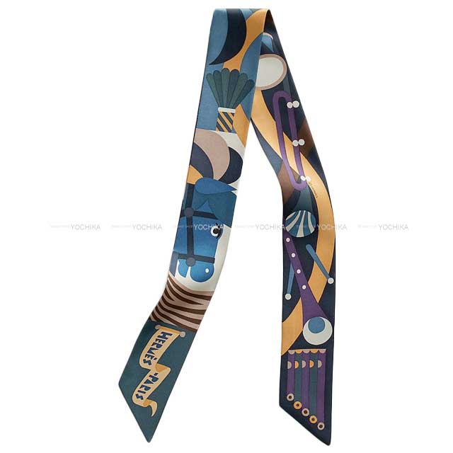 2023 AW HERMES scarf Twilly Parade en Fanfare Ardoise/Bleu Jean/Beige Silk100%[BRAND NEW][Authentic]