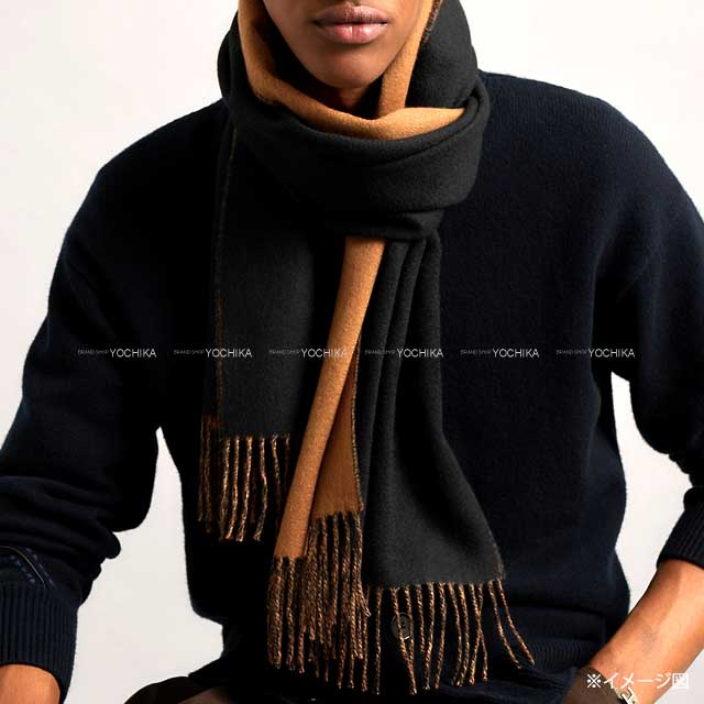 HERMES muffler Bi-color Recto-Verso Noir (Black) /Camel