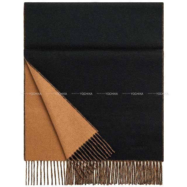 HERMES muffler Bi-color Recto-Verso Noir (Black) /Camel Cashmere100%[EXCELLENT][Authentic]