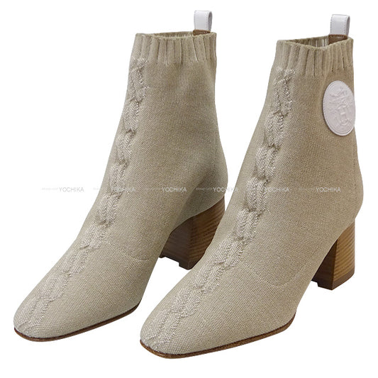 HERMES boots Short Boots Duo Volver 60 Exlibris Patch #37 Nocciola/Blanc Knit/Calf #37[EXCELLENT][Authentic]