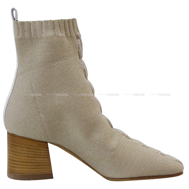 HERMES boots Short Boots Duo Volver 60 Exlibris Patch #37 Nocciola/Blanc Knit/Calf #37[EXCELLENT][Authentic]