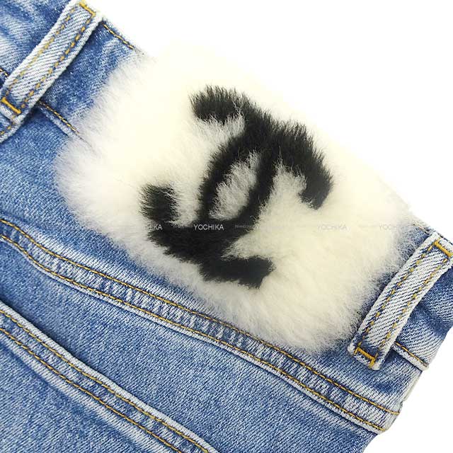CHANEL Denim Pants Jeans Stretch COCO Mark Boa Rhinestone Button #34 Blue Cotton 98%/Polyurethane 2% #34 P74543[EXCELLENT][Authentic]