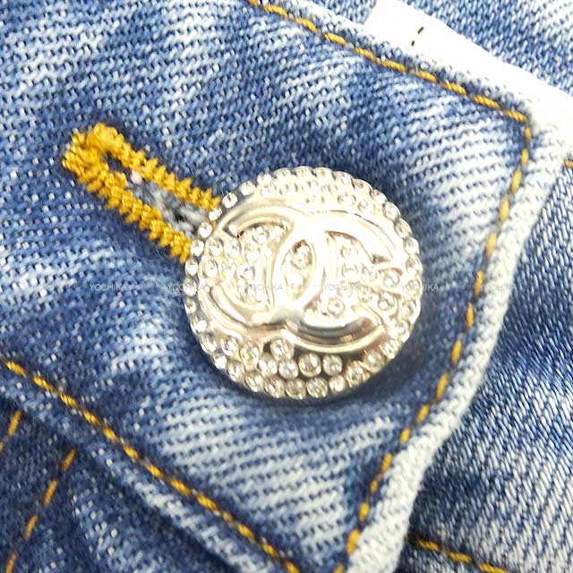 CHANEL Denim Pants Jeans Stretch COCO Mark Boa Rhinestone Button #34 Blue Cotton 98%/Polyurethane 2% #34 P74543[EXCELLENT][Authentic]