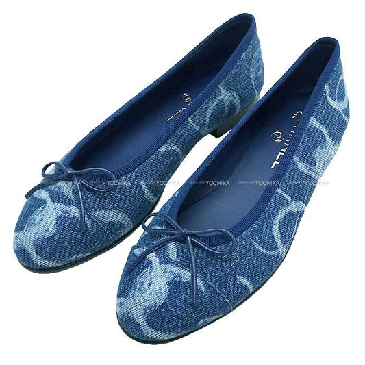 2023/2024 AW CHANEL Flat Shoes Ballerina COCO Mark #37.5 Dark Blue/White Print Denim #37.5 G02819[EXCELLENT][Authentic]