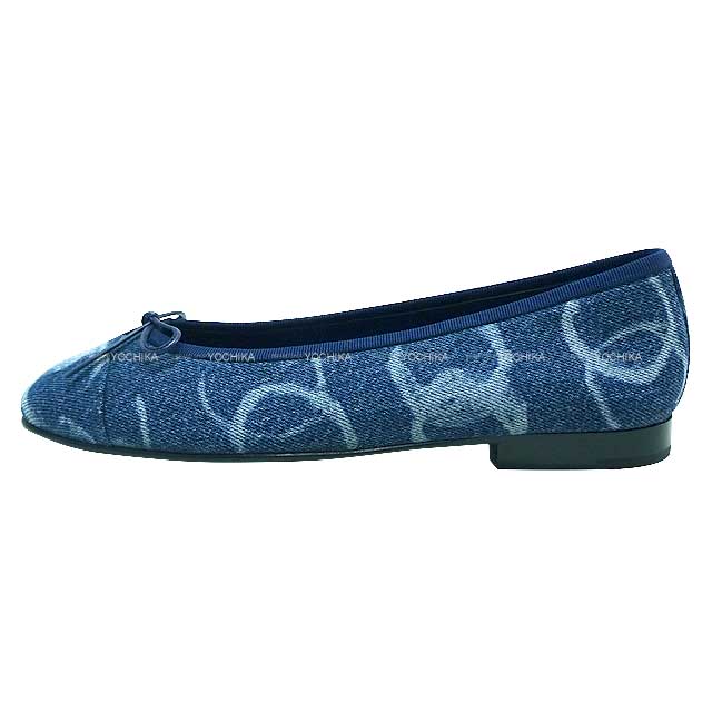 2023/2024 AW CHANEL Flat Shoes Ballerina COCO Mark #37.5 Dark Blue/White Print Denim #37.5 G02819[EXCELLENT][Authentic]