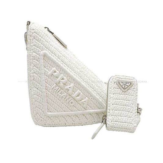 PRADA Shoulder bag Triangle Cloche Mini-porch Blanc (White) like raffia Silver HW 1BH190[EXCELLENT][Authentic]