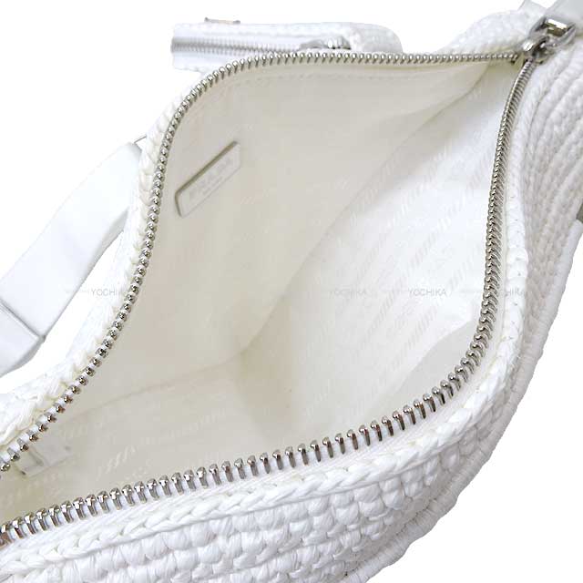 PRADA Shoulder bag Triangle Cloche Mini-porch Blanc (White) like raffia Silver HW 1BH190[EXCELLENT][Authentic]