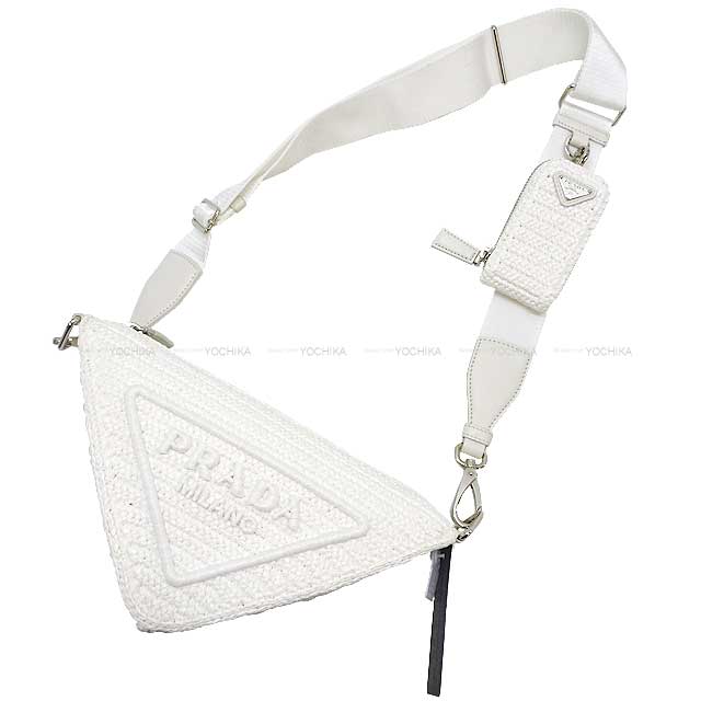 PRADA Shoulder bag Triangle Cloche Mini-porch Blanc (White) like raffia Silver HW 1BH190[EXCELLENT][Authentic]