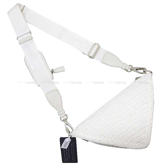 PRADA Shoulder bag Triangle Cloche Mini-porch Blanc (White) like raffia Silver HW 1BH190[EXCELLENT][Authentic]