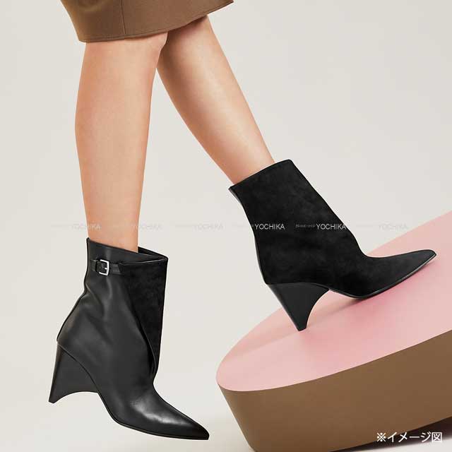 HERMES boots Short Boots Hanae 85 #38 Noir (Black) Chevre Veroa/Veau Souple #38 Silver HW[BRAND NEW][Authentic]