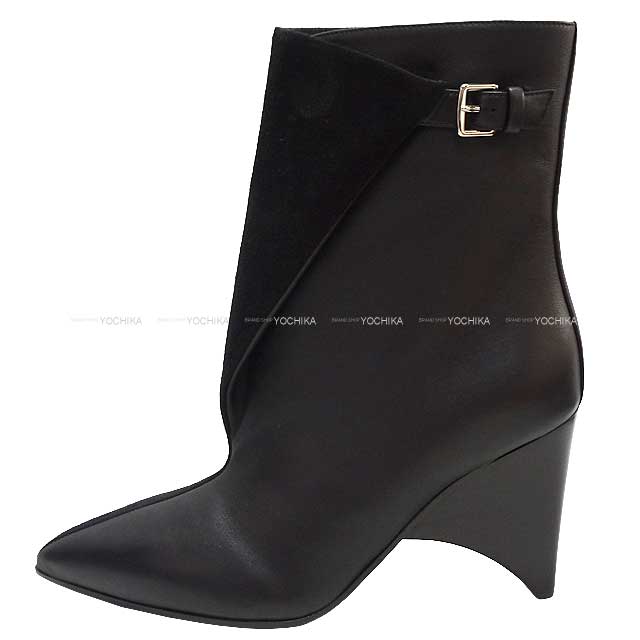 HERMES boots Short Boots Hanae 85 #38 Noir (Black) Chevre Veroa/Veau Souple #38 Silver HW[BRAND NEW][Authentic]