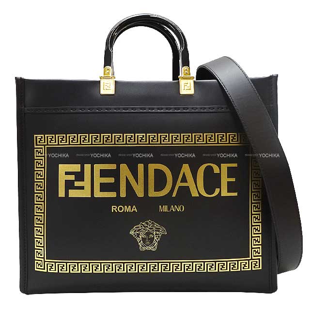 [Pre-loved] FENDI tote bag Fendi × Versace Collaboration Fender Che Sunshine Medium Noir (Black)/Gold Calf Gold HW 8BH386[LIKE NEW][Authentic]