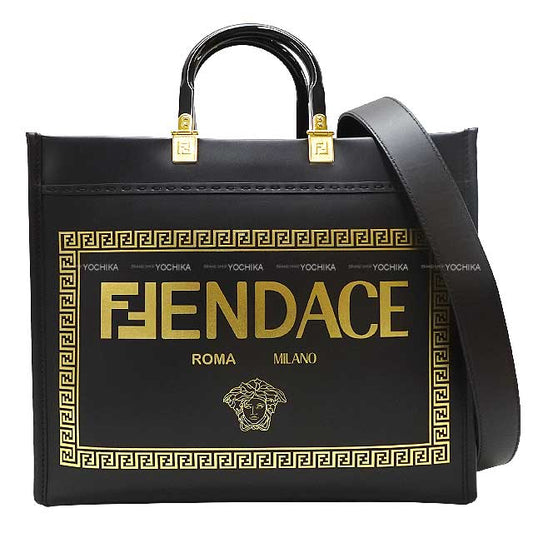 [Pre-loved] FENDI tote bag Fendi × Versace Collaboration Fender Che Sunshine Medium Noir (Black)/Gold Calf Gold HW 8BH386[LIKE NEW][Authentic]