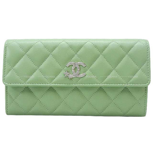 CHANEL long wallet Star Cocomark Matelasse Flap Light Green Lambskin Silver HW AP3724[BRAND NEW][Authentic]