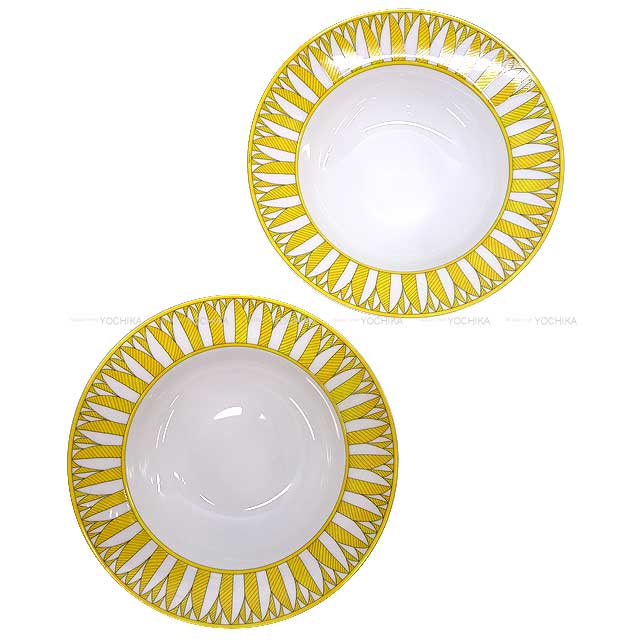 HERMES tableware Set2 Soup Pasta plates 21cm Soleil de Hermes Jaune/Blanc (White) Porcelain[BRAND NEW][Authentic]