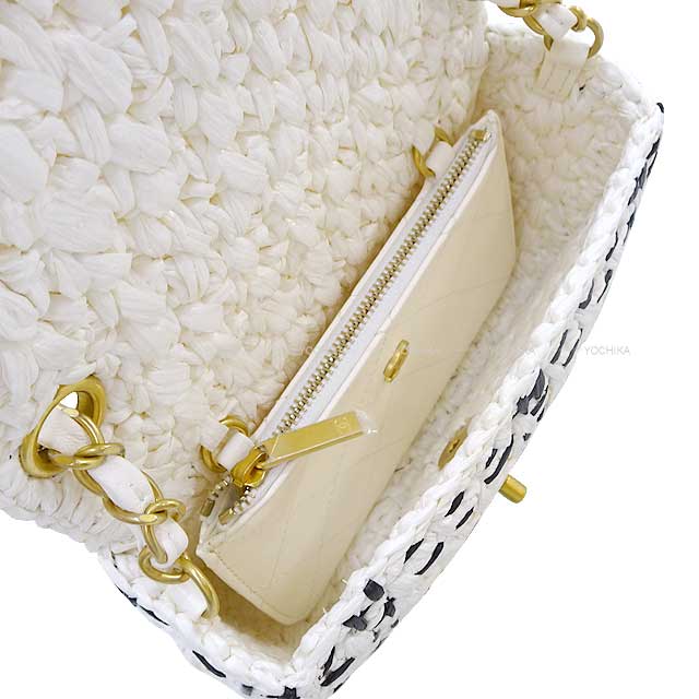 2023 SS CHANEL Shoulder bag Matelasse Mini Flap Chain Bag Blanc (White)/Noir (Black) Raffia/Effect Tweed Mat Gold HW AS3944[EXCELLENT][Authentic]