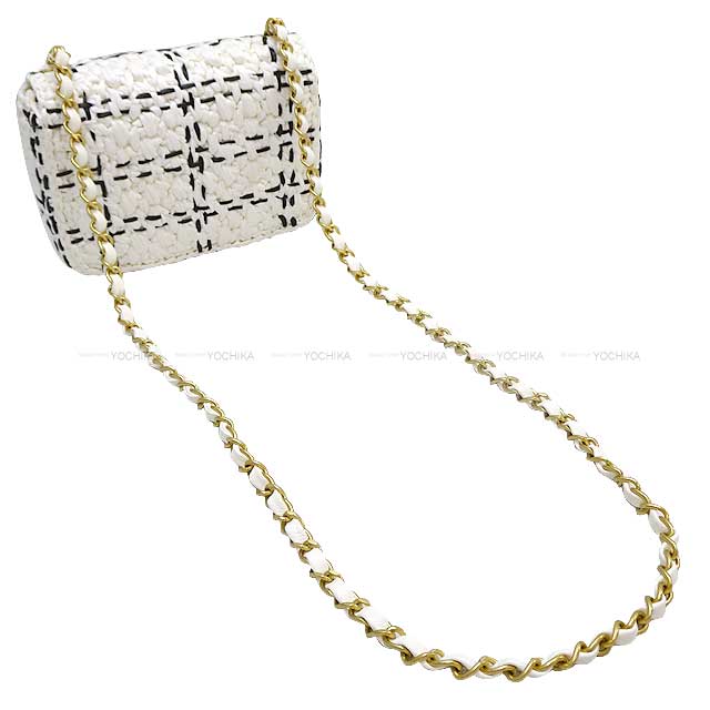 2023 SS CHANEL Shoulder bag Matelasse Mini Flap Chain Bag Blanc (White)/Noir (Black) Raffia/Effect Tweed Mat Gold HW AS3944[EXCELLENT][Authentic]