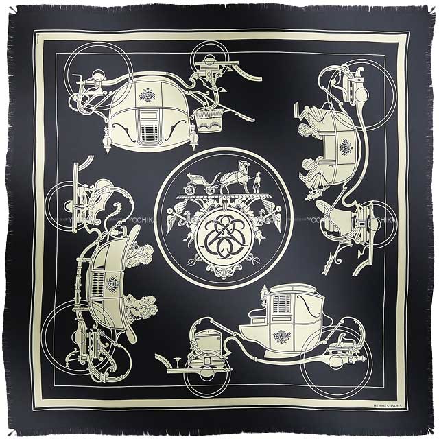 2023 AW HERMES scarf Carre 80 Ex-Libris Fringe Black/ Ecru Silk100%[EXCELLENT][Authentic]