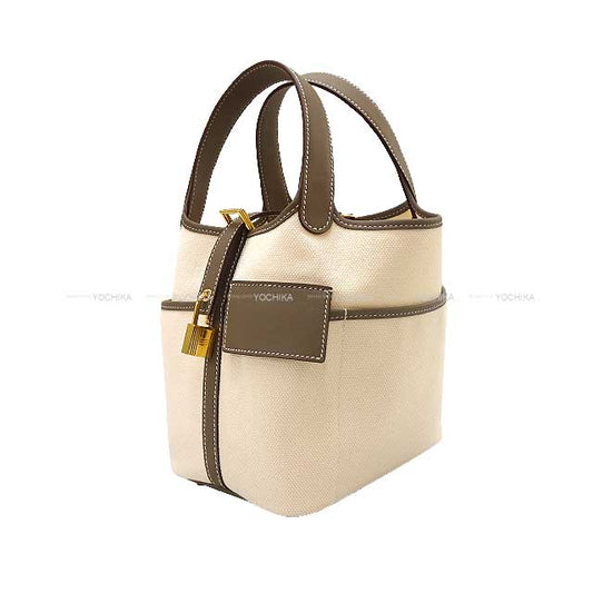 HERMES Handbag Picotin Lock 18 PM Cargo Pockets Etoupe/Nata Toile Goeland/Veau Swift Gold HW Stamp B[BRAND NEW][Authentic]