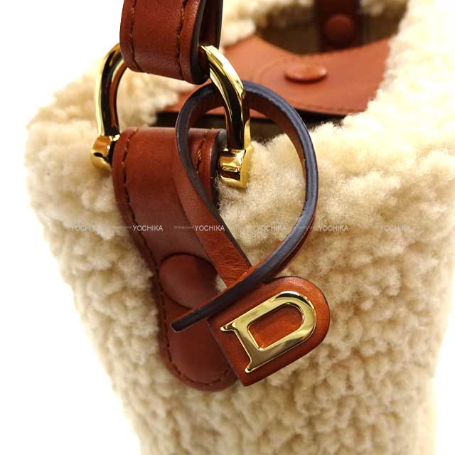 Delvaux Handbag Pin Mini Teddy Bucket Bag Natural/Brown Soft shearling/Sierra calf Gold HW[EXCELLENT][Authentic]