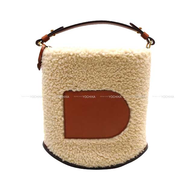 Delvaux Handbag Pin Mini Teddy Bucket Bag Natural/Brown Soft shearling/Sierra calf Gold HW[EXCELLENT][Authentic]