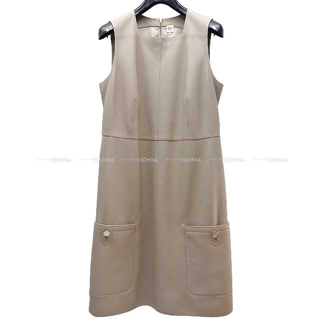 HERMES One‐piece dress Leather No sleeve Tricolor Stitch Square Neck Sellier Button #38 Gris Tourterelle Deerskin Silver HW[EXCELLENT][Authentic]