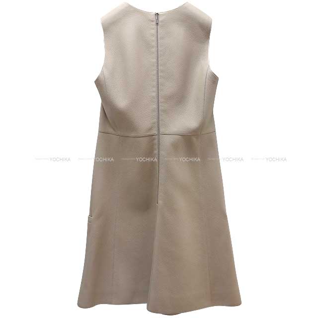 HERMES One‐piece dress Leather No sleeve Tricolor Stitch Square Neck Sellier Button #38 Gris Tourterelle Deerskin Silver HW[EXCELLENT][Authentic]