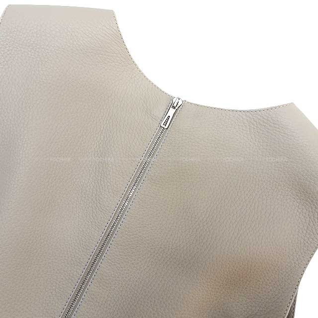 HERMES One‐piece dress Leather No sleeve Tricolor Stitch Square Neck Sellier Button #38 Gris Tourterelle Deerskin Silver HW[EXCELLENT][Authentic]