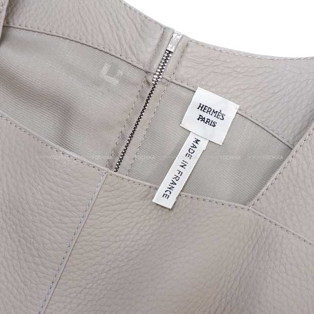 HERMES One‐piece dress Leather No sleeve Tricolor Stitch Square Neck Sellier Button #38 Gris Tourterelle Deerskin Silver HW[EXCELLENT][Authentic]