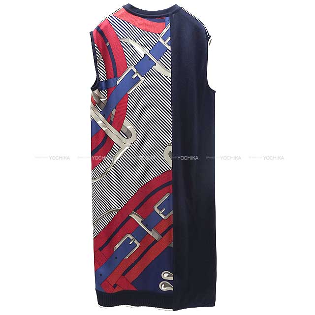 2019 AW HERMES One‐piece dress Twillaine Mors a Jouets No sleeve Tunic #38 Marine/Rouge Silk/Wool 38[EXCELLENT][Authentic]